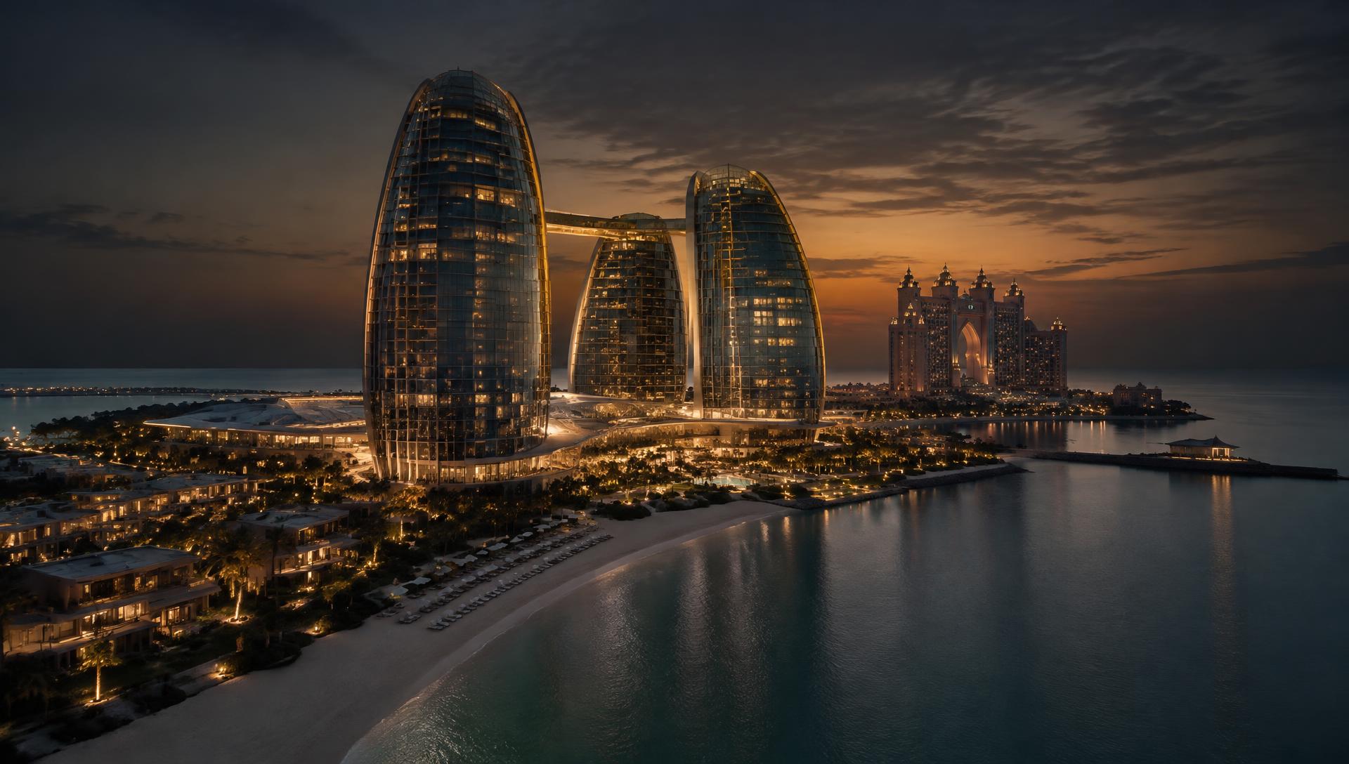 Illustrative view of a coastal resort skyline in the Arabian Gulf at dusk